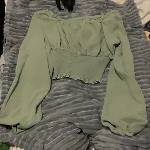 Women's Light Sage Green Off-Shoulder Long Sleeve Top Blouse